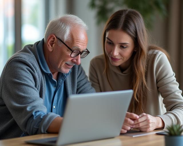 A patient tutor helping a senior with a laptop in a one-on-one session.