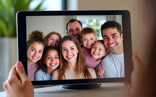 A screen showing a smiling family during a video call.